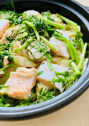 A picture of Comforting Salmon Belly, cabbage and daikon hotpot with miso ginger sauce.