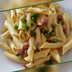 Garganelli with asparagus and pancetta A picture of Garganelli with asparagus and pancetta.