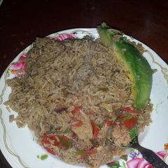 A picture of Pilau and Beef stew.