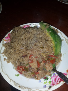 A picture of Pilau and Beef stew.