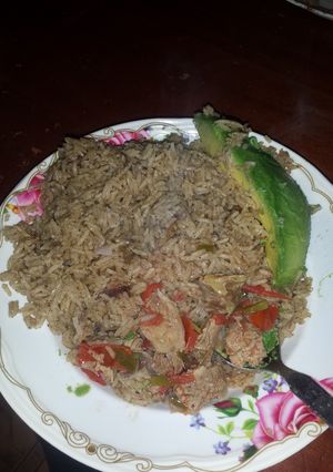 A picture of Pilau and Beef stew.
