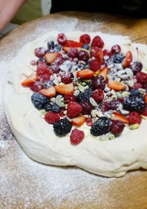 A picture of Pavlova with summer fruit.