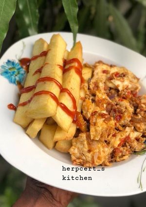 A picture of Yam and scramble Eggs.