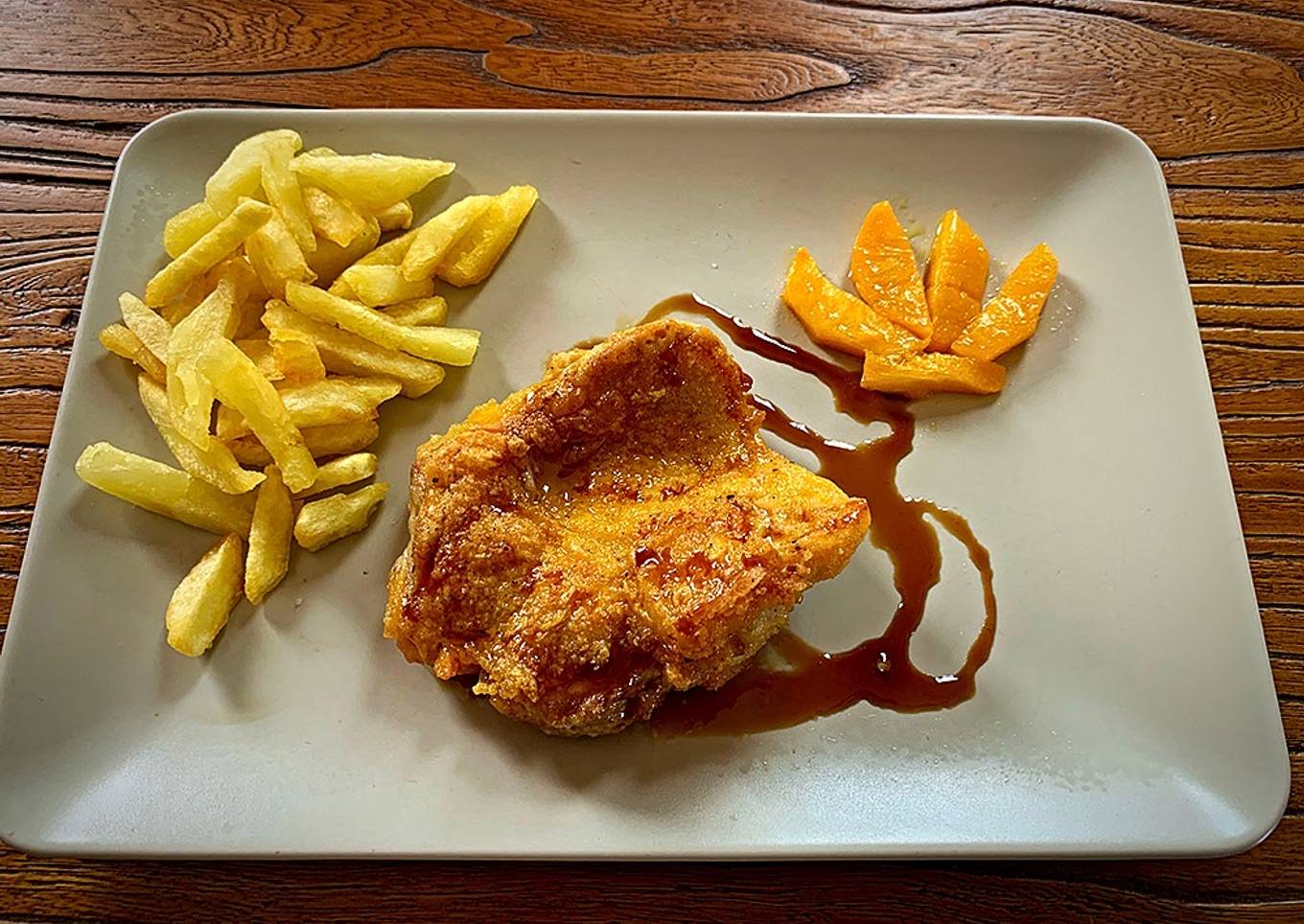 Pollo, melocotón y jarabe de soja
