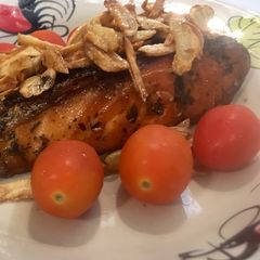 A picture of Salmon with Garlic Blanket.