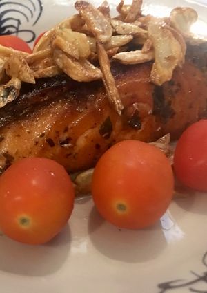 A picture of Salmon with Garlic Blanket.