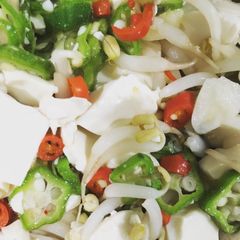 A picture of No-oil tofu and okra "stir fry" with bean sprout.