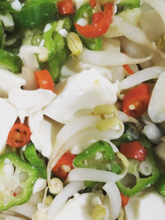 A picture of No-oil tofu and okra "stir fry" with bean sprout.