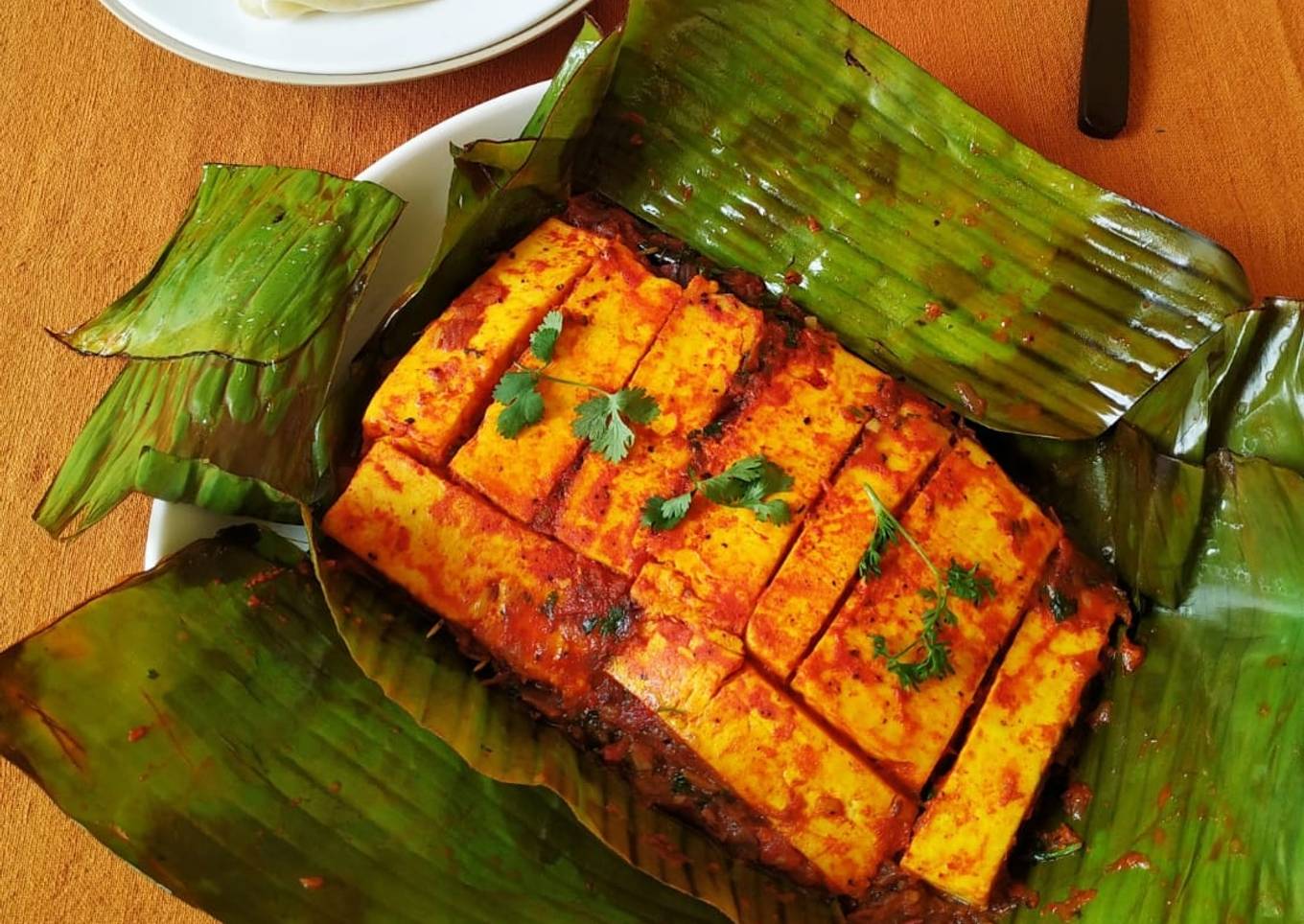 Paneer wrapped in banana leaf