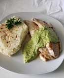 Reineta con salsa verde y puré picante de merkén
