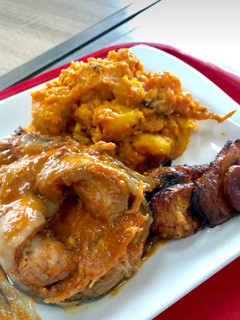 A picture of Yam porriage,soft dodo and catfish.