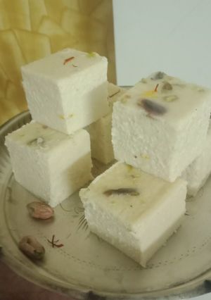 A picture of Spoiled milk steamed Barfi (Sweet).