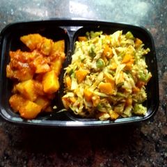 A picture of Veggies stir fry and sweet potato.