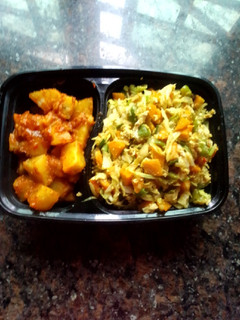 A picture of Veggies stir fry and sweet potato.