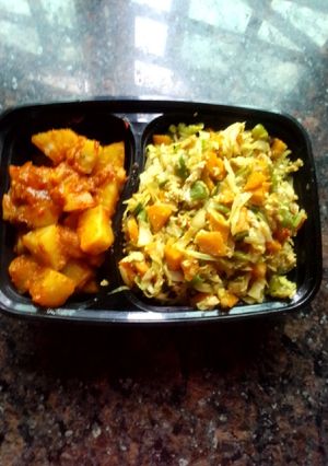A picture of Veggies stir fry and sweet potato.