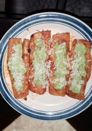 A picture of Chicken Red Enchiladas with Guacamole.