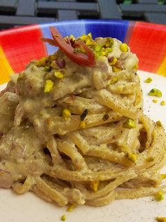 A picture of Linguine with Speck and Bronte Pistachio Cream.