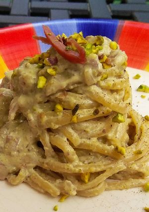 A picture of Linguine with Speck and Bronte Pistachio Cream.