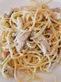 Espaguetis a mi manera Y (con gambas y lomo)