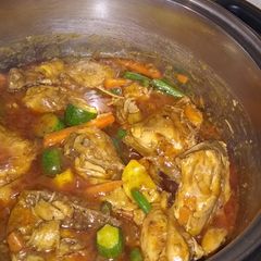 A picture of Spicy chicken with vegetable stew.