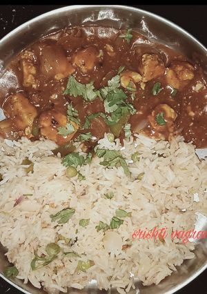 A picture of Paneer chilli and Fried rice.