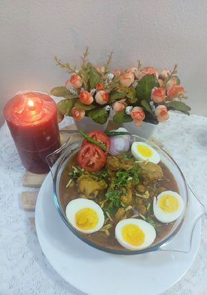 A picture of Chicken with chickpea eggs 🥚murg choly with eggs.