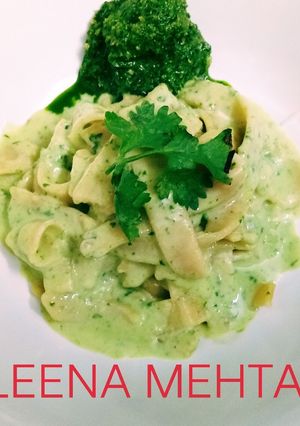 A picture of Lentil Fettuccine with cheesy coriander pesto.