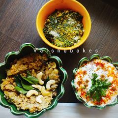 A picture of Indian Keto Meal: Cauliflower Upma/ Palak Pachadi/ Chia Raita.