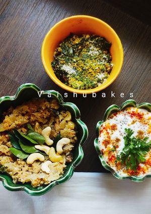 A picture of Indian Keto Meal: Cauliflower Upma/ Palak Pachadi/ Chia Raita.