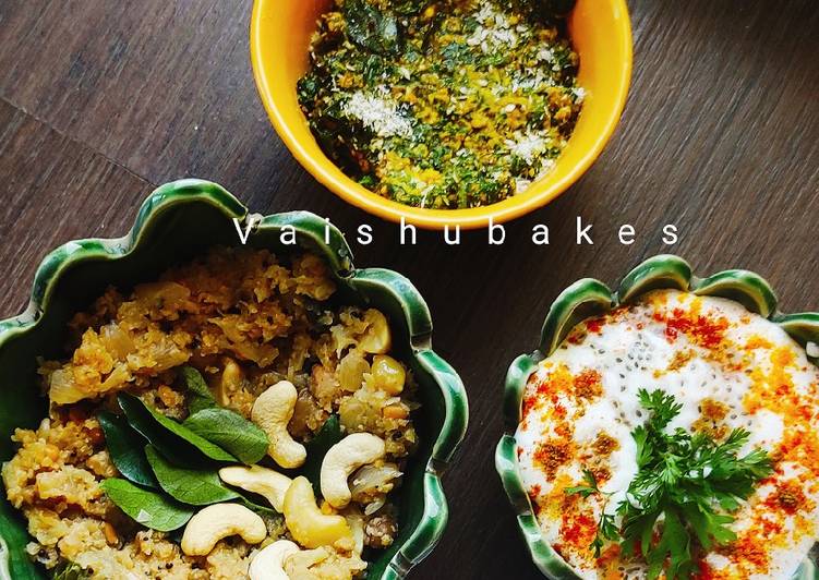 Indian Keto Meal: Cauliflower Upma/ Palak Pachadi/ Chia Raita