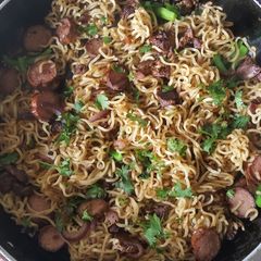 A picture of Chicken Liver & Sausage Noodles.
