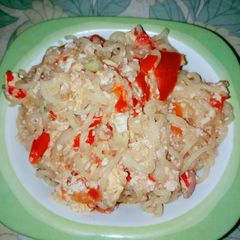 A picture of Indomie with mashed egg.