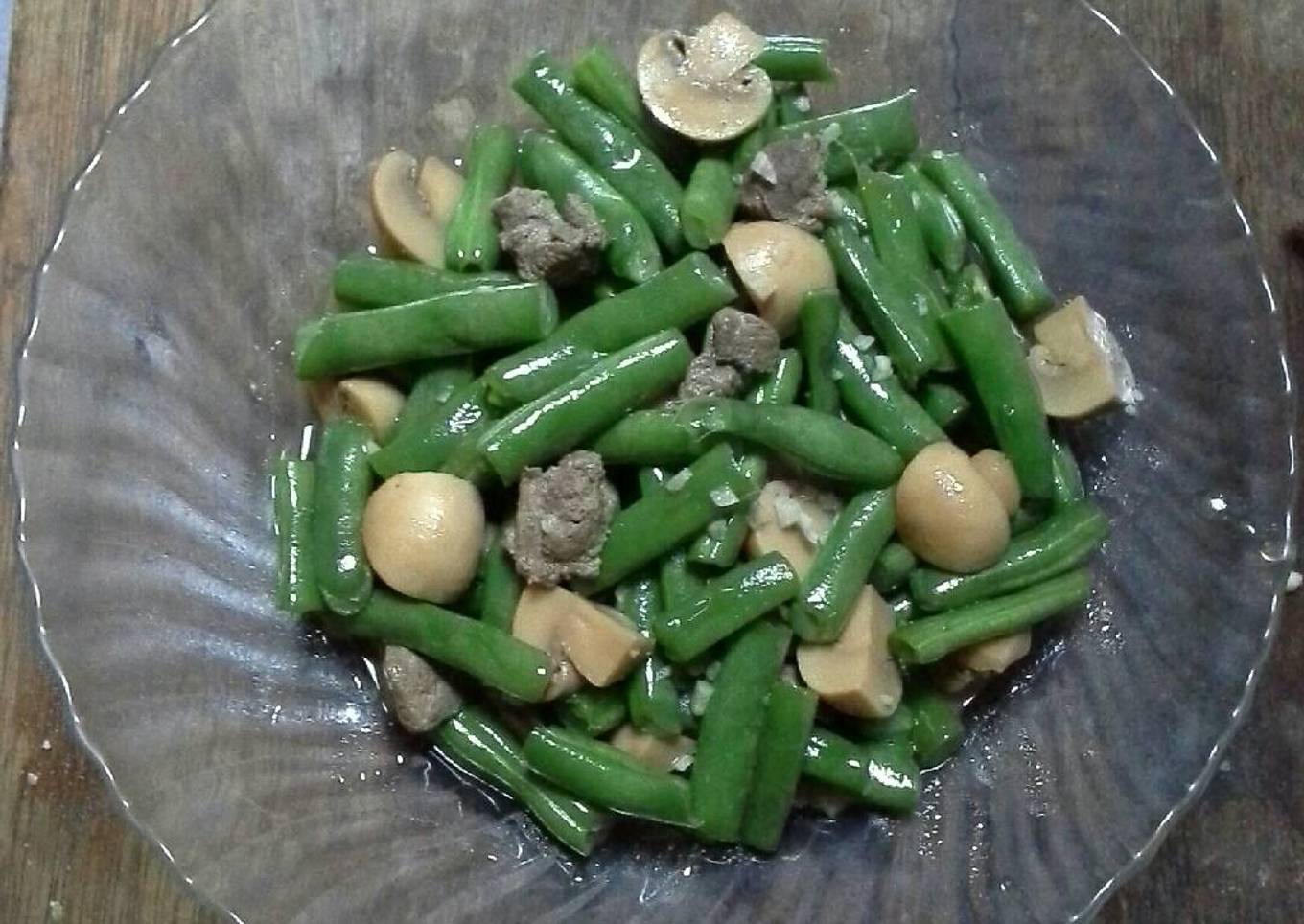 Tumis buncis+hati babi+jamur saus tiram
