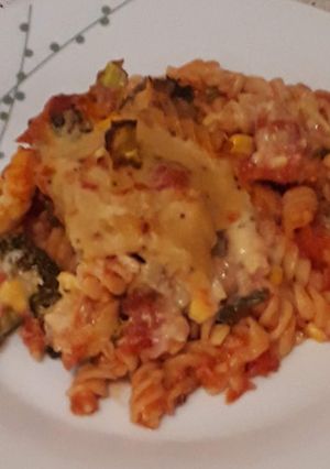 A picture of Cheesy-topped vegan pasta bake.