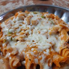 Homemade pan pasta pizza with lots of mayonnaise A picture of Homemade pan pasta pizza with lots of mayonnaise.