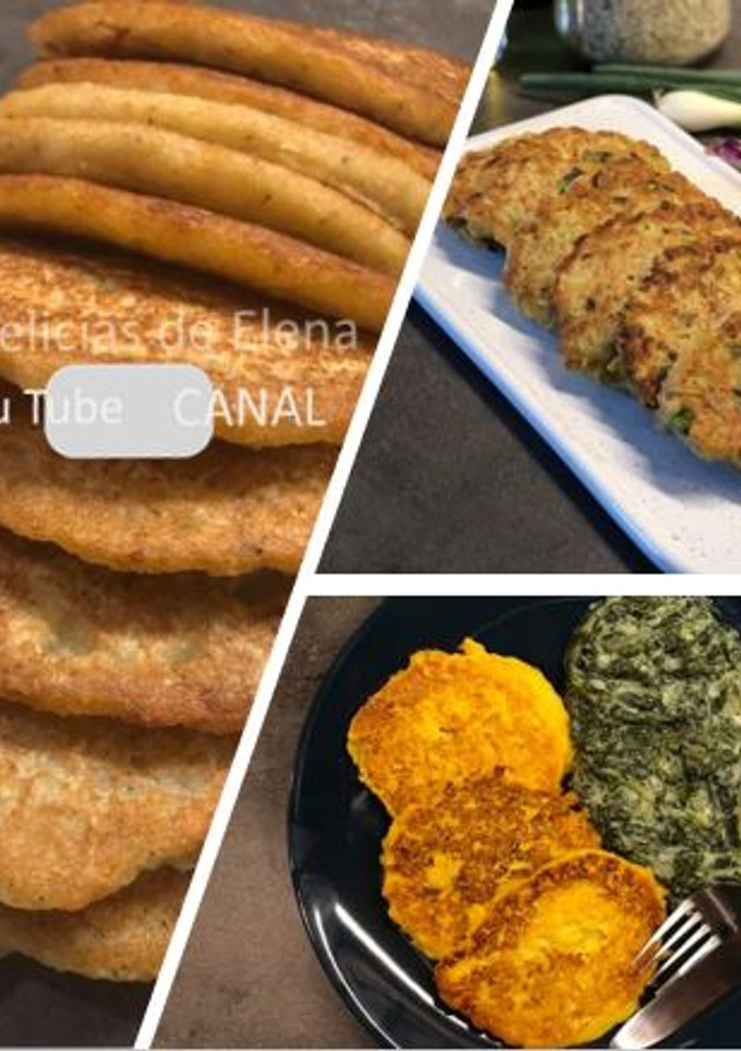 Una foto de 3 recetas de tortitas - Tortitas de papas, Tortitas de calabaza, Tortitas de maíz