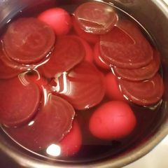 A picture of Mothers' red beet eggs.