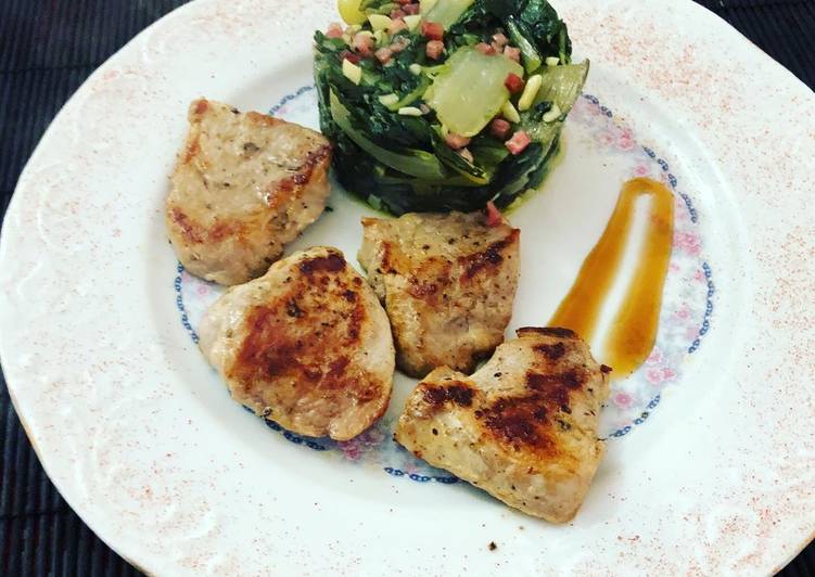 Solomillo de cerdo con acelgas salteadas con jamón