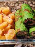 Ensalada templada de patata con rollitos de espinacas