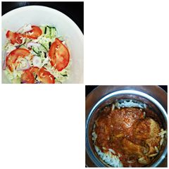 A picture of Rice and stew with turkey and coleslaw.
