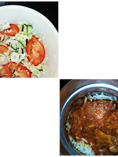 A picture of Rice and stew with turkey and coleslaw.