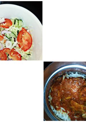 A picture of Rice and stew with turkey and coleslaw.