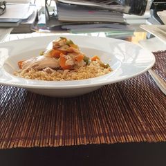 A picture of Couscous with leftover chicken soup.