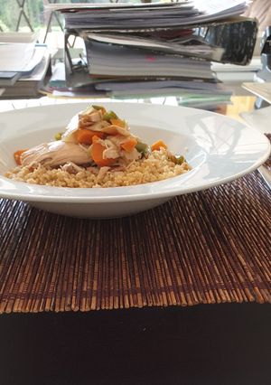 A picture of Couscous with leftover chicken soup.