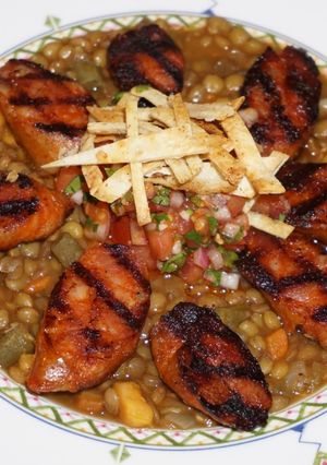 A picture of Lentils with Chorizo and Crispy Tortilla Strips, Jon Style.