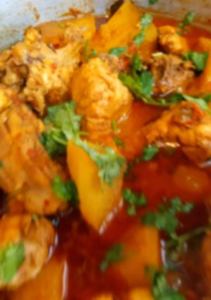 A picture of Chicken curry with potatoes.