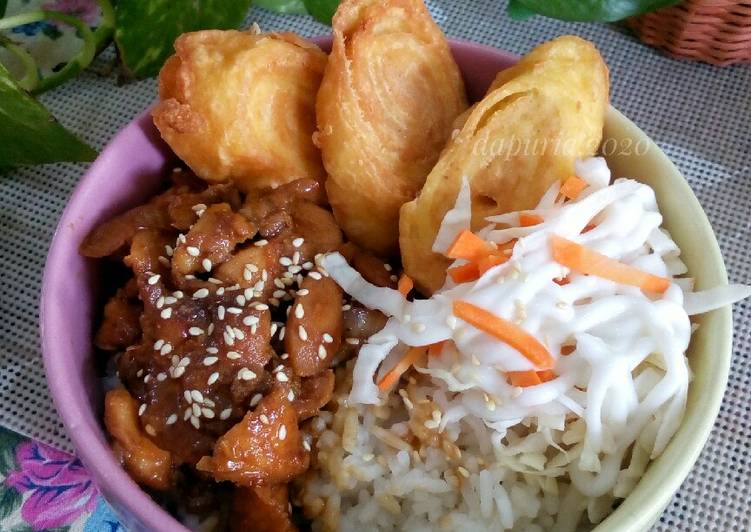 Resep Rice Bowl (Chicken Teriyaki, chicken egg roll with salad mayo) Enak Banget