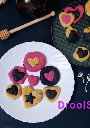 A picture of Cardamom rose cookies, vanilla tutti frutti & cocoa cookies.