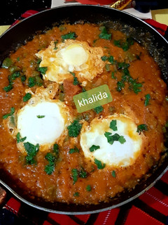 A picture of Three coloured shakshuka.