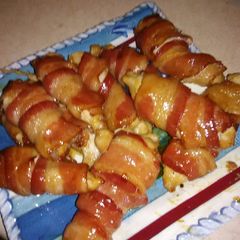 Brown sugar bacon wrapped chicken A picture of Brown sugar bacon wrapped chicken.